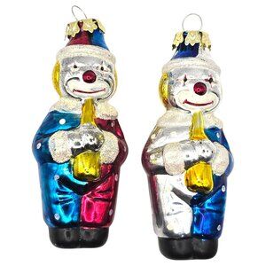 VTG Blown Glass Circus Clown Ornaments 4" Set Of 2 Pierrot Jester Playing Horn